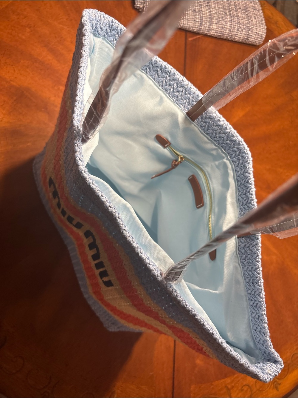 Miu Blue & Cream Striped raffia Straw Tote Bag beach sun nwot - Picture 4 of 7